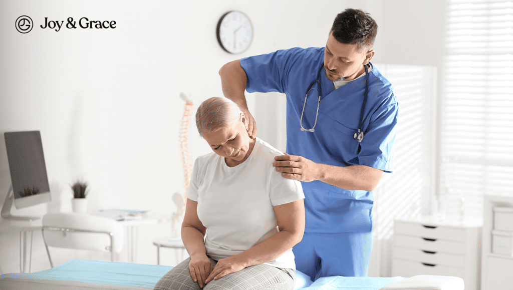 a doctor examines the neck of a woman