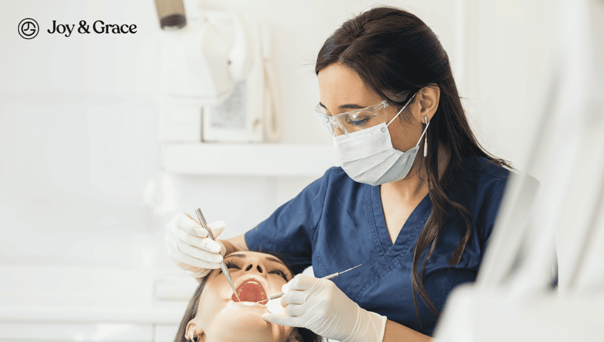 the woman is having a dental procedure in her dental room