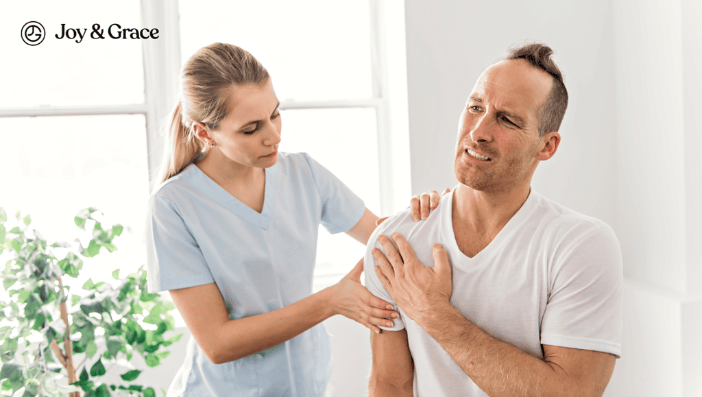 a nurse checking the shoulder of the man