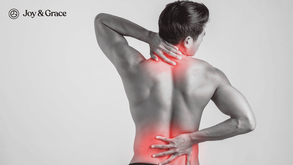 a person touching his pain highlighted shoulder and lower back