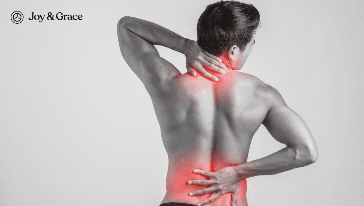 a person touching his pain highlighted shoulder and lower back