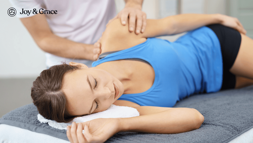 the woman is having her massaged by a physical therapist