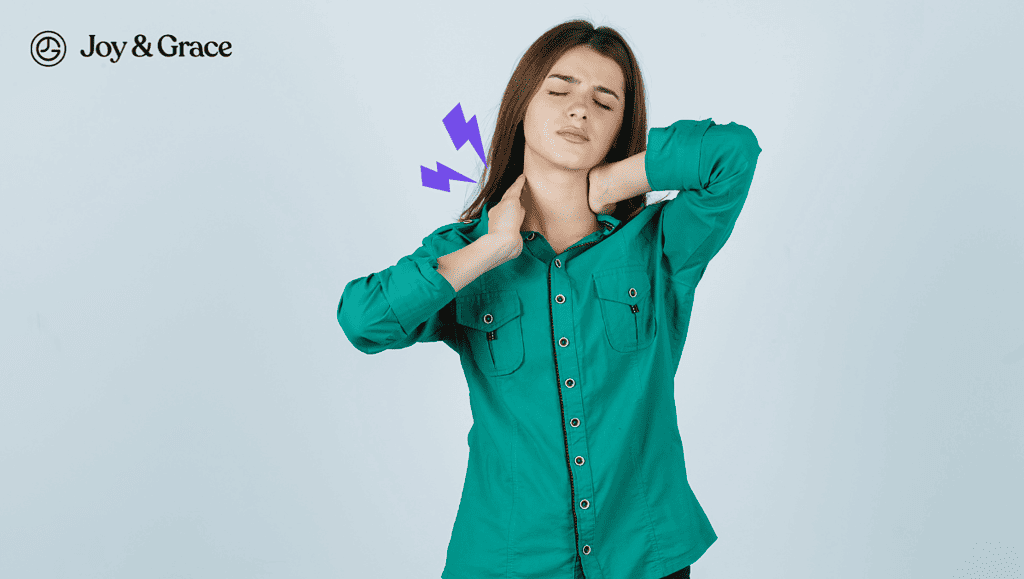 a young woman scratching her neck with both hands