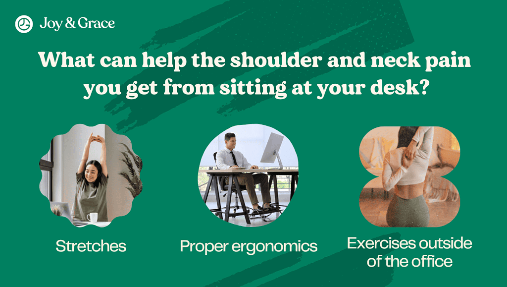 a various of images of stretches, proper ergonomics and exercises outside of the office