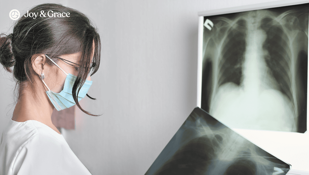 a woman is looking at an x - ray image