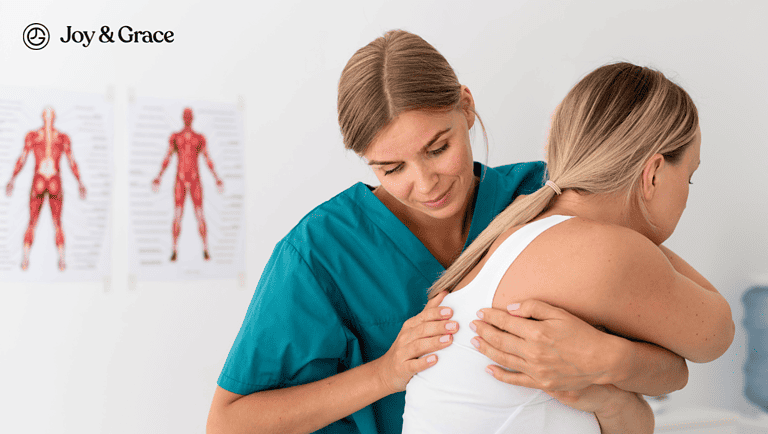 A female healthcare provider examining the back of a female patient