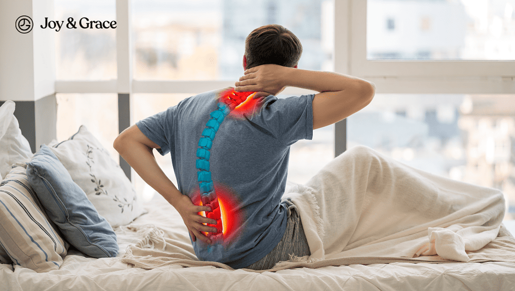 man holding his back in pain while sitting on the bed