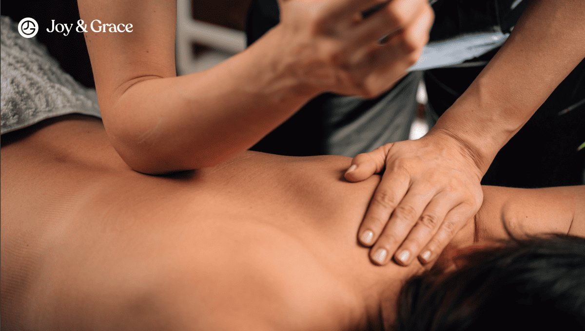 A woman experiencing shoulder pain seeks truth through massage therapy.