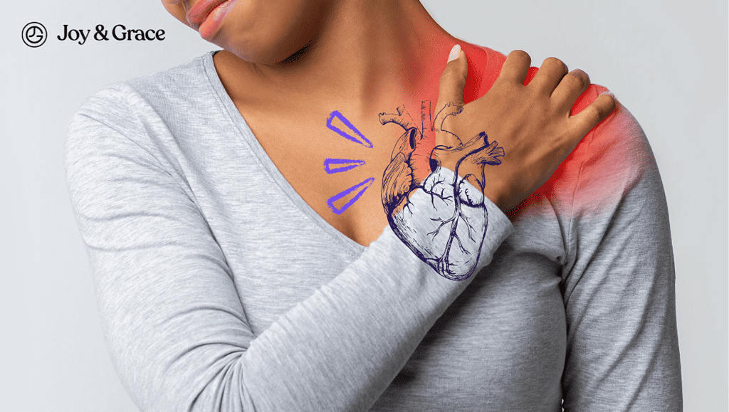 A woman experiences heart-related pain in her left shoulder.