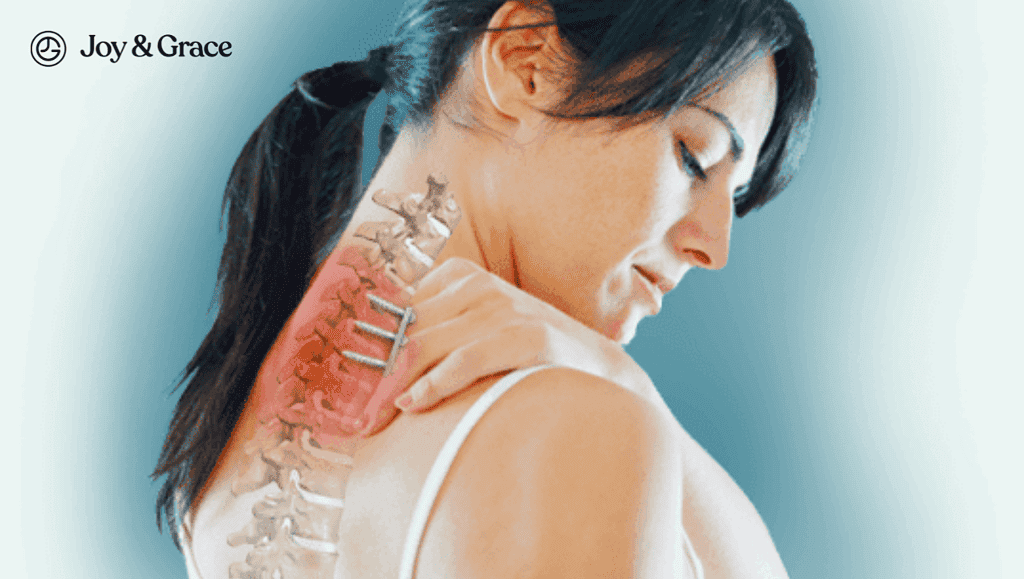 A woman experiencing neck pain after cervical fusion surgery.