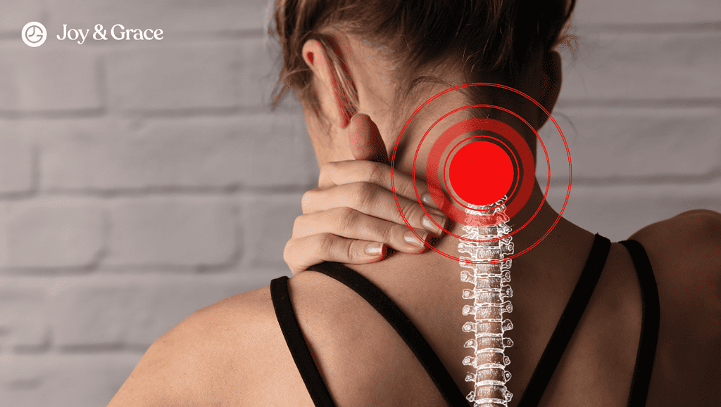 A woman's neck is shown with a red dot on it, indicating a potential neck injury.