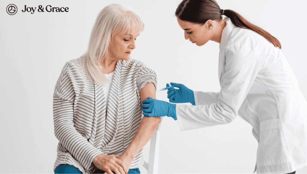 A doctor is giving an injection to an elderly woman, exploring severe shoulder pain after a tetanus shot.