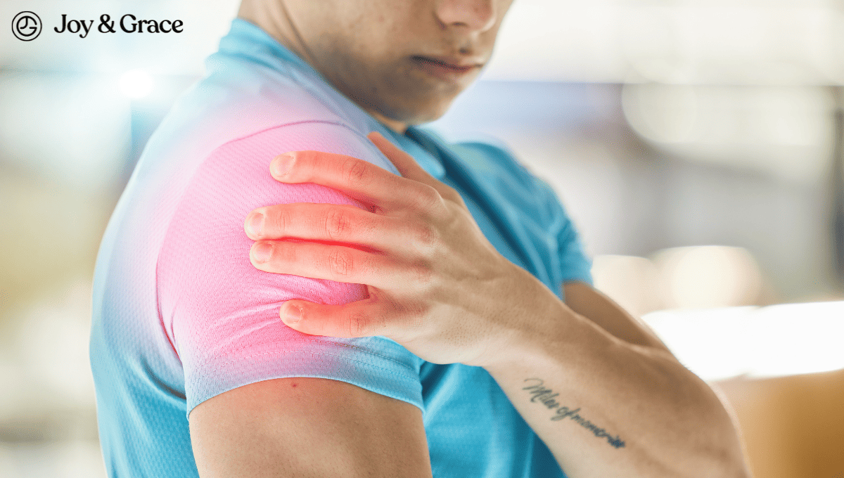 A man is holding his arm with shoulder pain that won't go away.