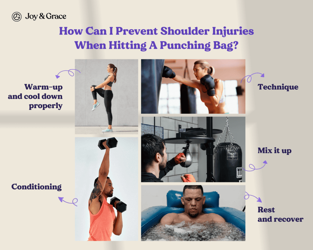 Exploring techniques to prevent shoulder injuries when hitting a punching bag.