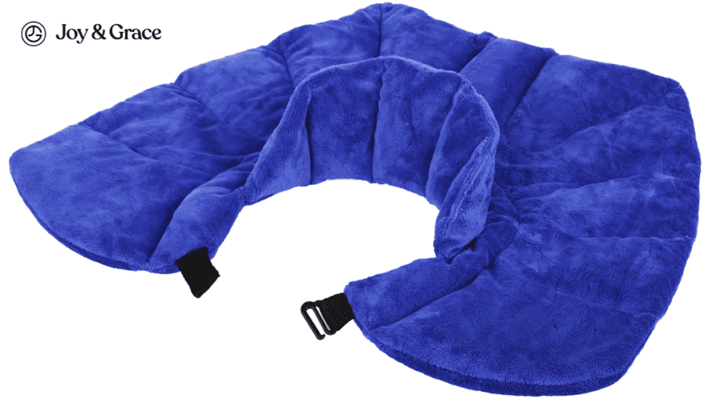 A blue neck pillow providing relief for neck pain, placed on a white background.