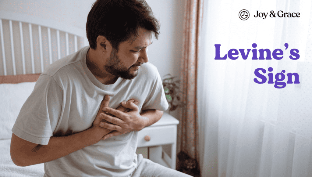 A man holding his chest with the words levine's sign, experiencing left side and chest pain.