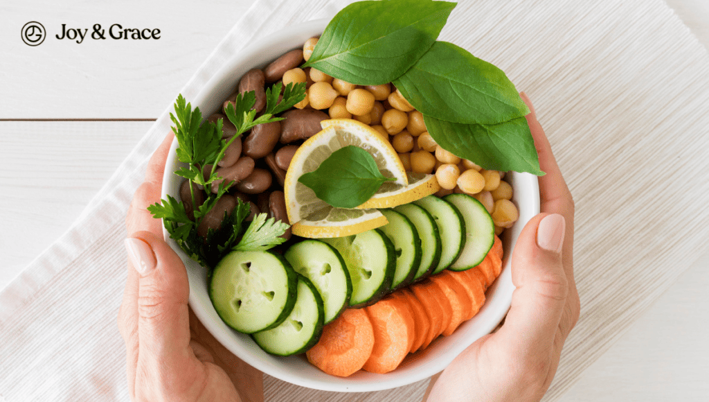 A person holding a bowl of vegetables and legumes, experiencing myofascial pain in their neck and shoulder.