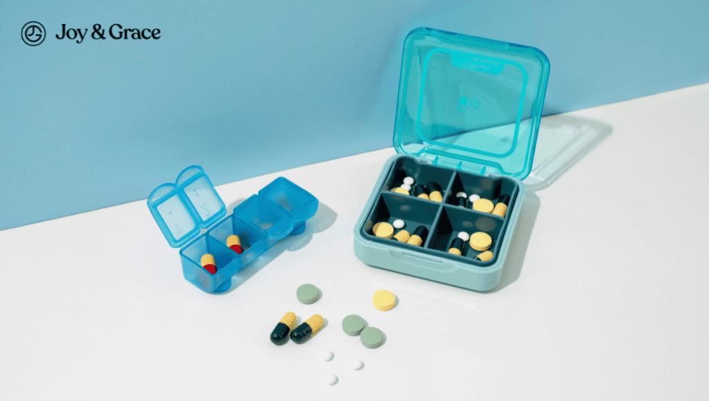 An Ultimate Guide to a blue pill box with pills in it, including tips for Shoulder and Neck pain management.