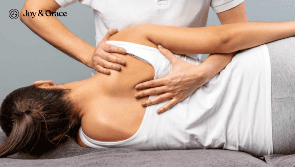 A woman receiving a neck and shoulder massage to alleviate myofascial pain, the ultimate guide for relaxation and relief.