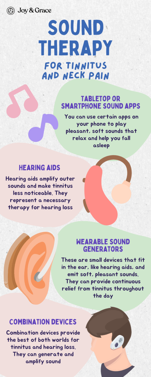 Sound therapy for tinnitus and neck pain infographic.