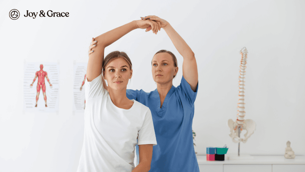 A woman is doing a stretching exercise to relieve neck pain.