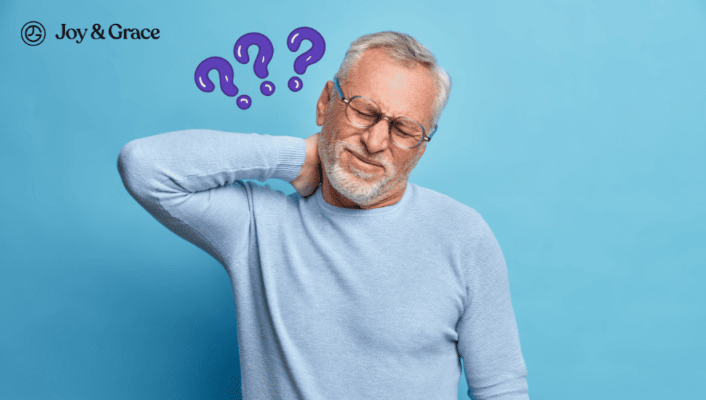 An older man with a question mark on his neck, experiencing neck pain.