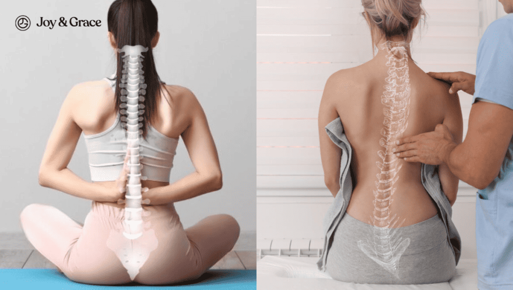 A woman is sitting on a yoga mat at home, seeking remedies for neck pain.