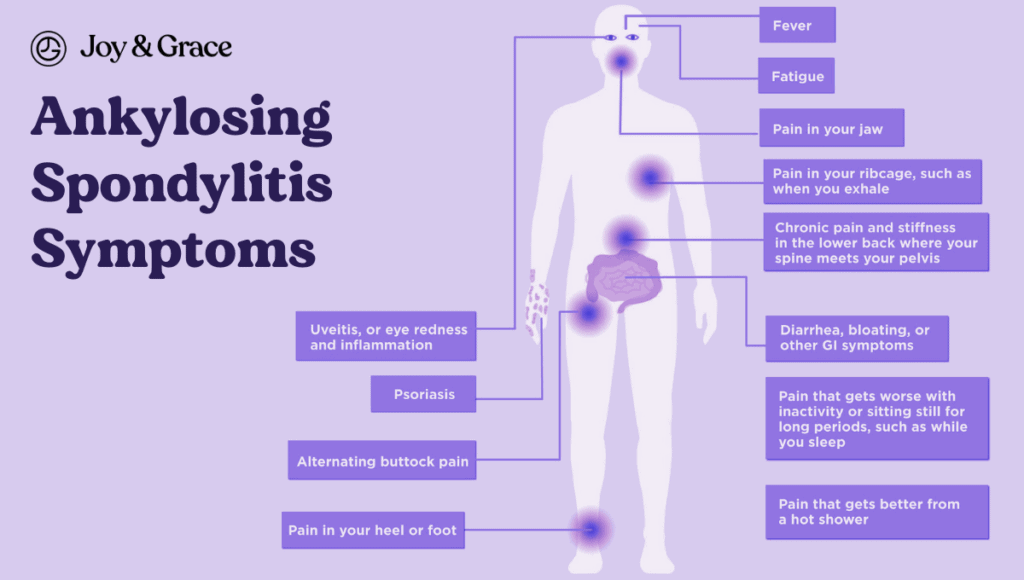 Ankylosing spondylitis symptoms can include hip and shoulder pain.