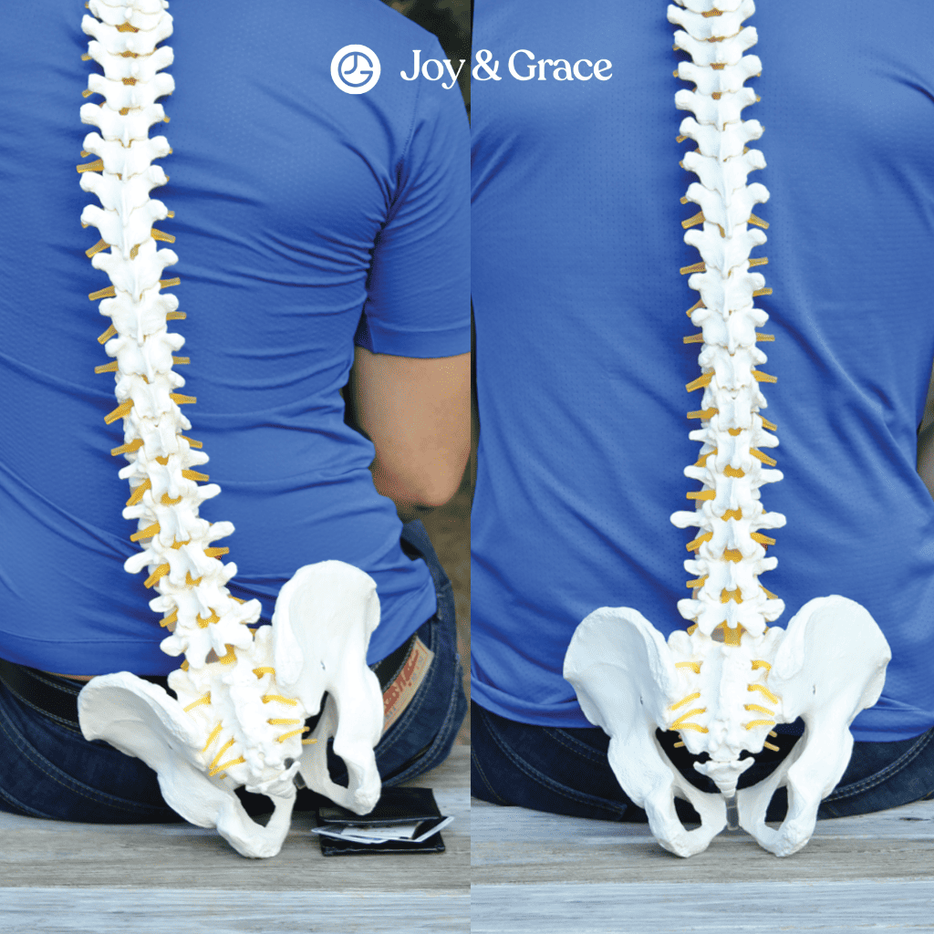 The back of a man with a painful hip and shoulder, accentuated by a gold spine.
