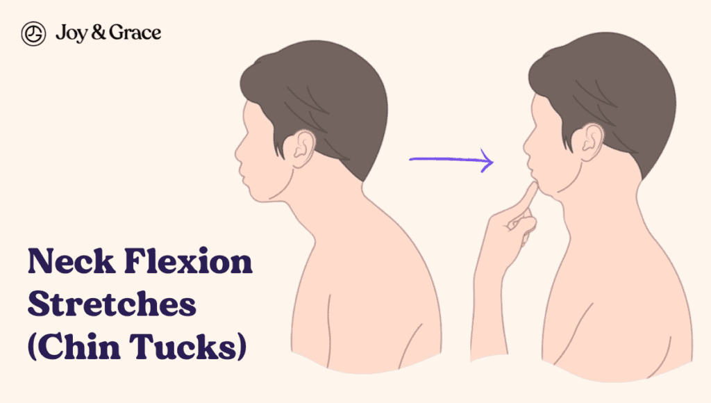 Left side neck flexion stretches and chin tucks provide relief for neck pain.