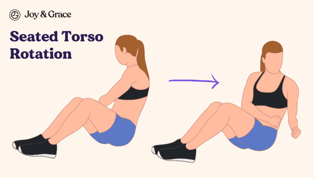 Seated torso rotation exercise for relieving pain and improving mobility in the neck.