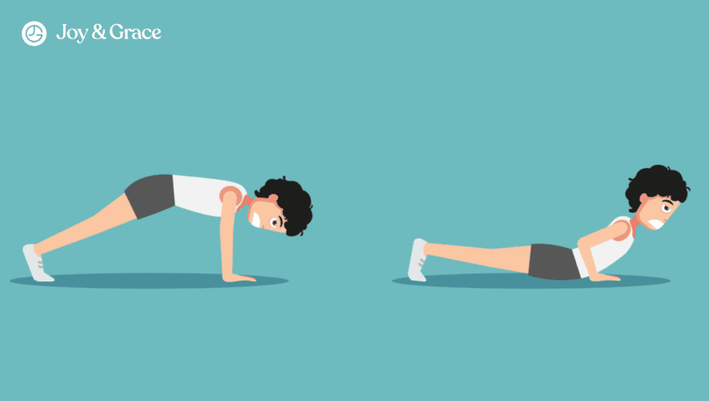 Two people showcasing proper push-up technique on a blue background.