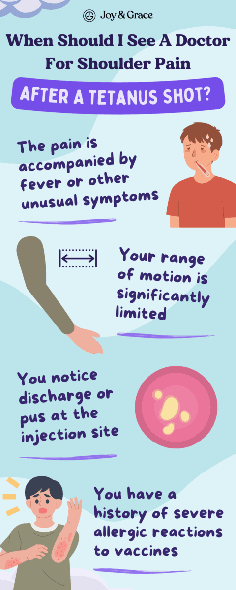 What should a doctor do after a tetanus shot if the patient experiences shoulder pain?