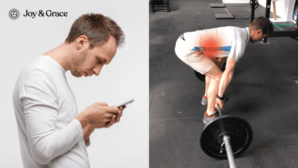 Two pictures of a man working out with a barbell, experiencing shoulder and rib pain on his right side.