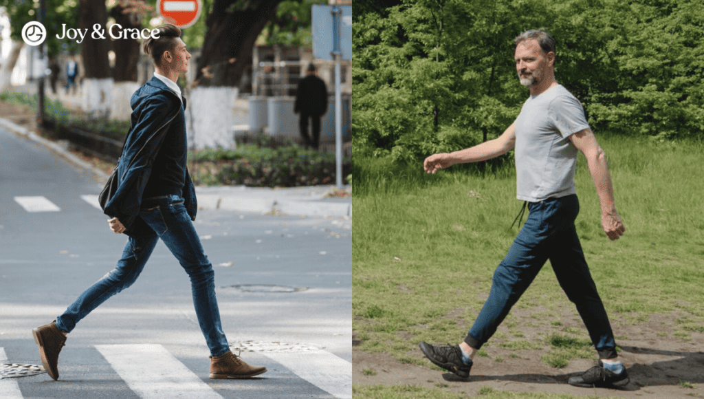 Man walking normally and the other one  wildly flailing their arms