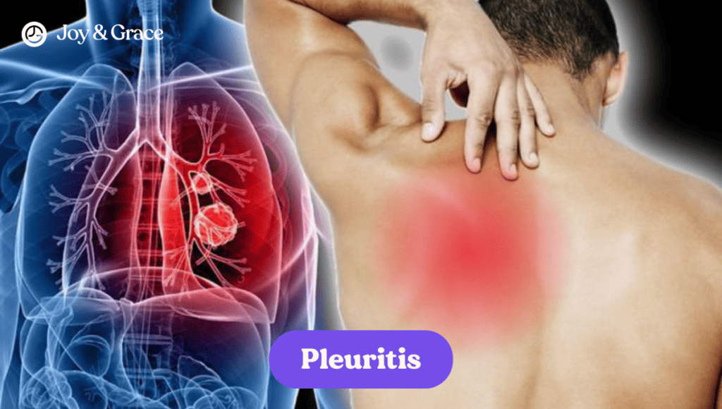 An image of a man experiencing stabbing pain in his back near the left shoulder blade, indicative of pleuritis.