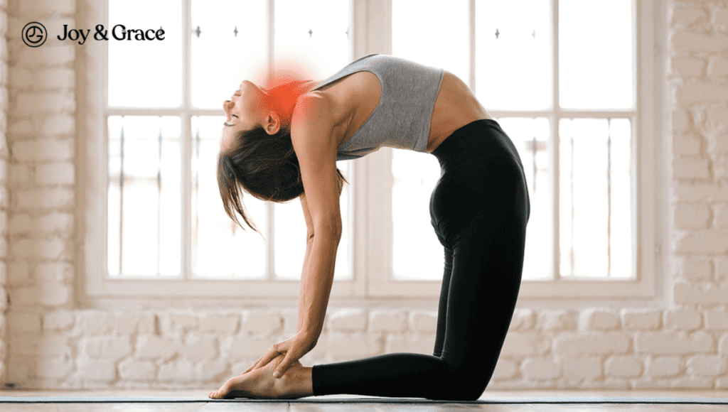 A woman is doing a yoga pose in front of a window, relieving arm pain and stretching her neck.