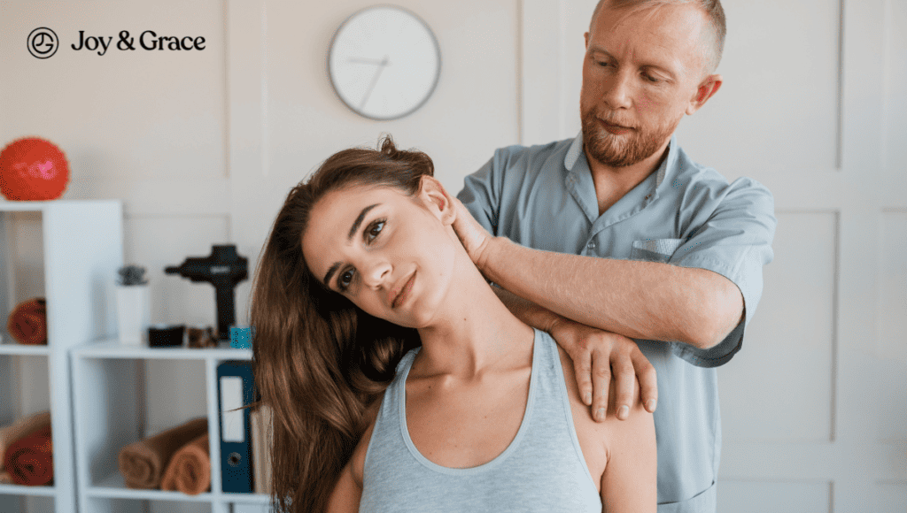 A woman receiving a neck massage from a physiotherapist to alleviate arm pain caused by a pinched nerve.