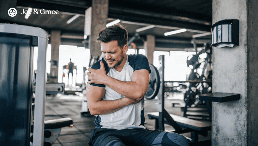 A man is sitting on a machine in a gym experiencing burning pain in his neck and shoulder. He is seeking causes and solutions for his discomfort.