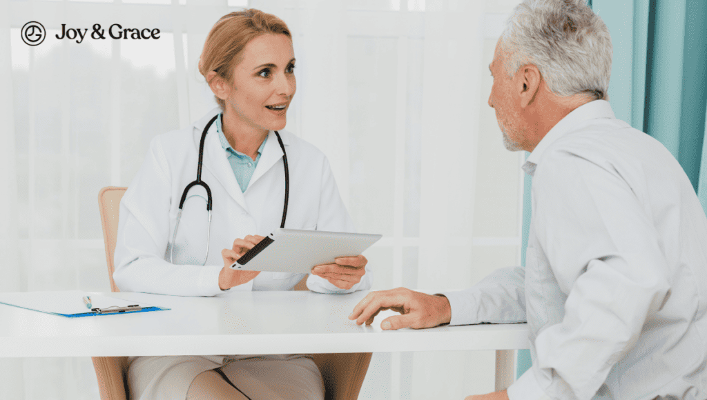 A doctor discussing the causes of burning pain in the neck and shoulder with a patient at a table, providing potential solutions.