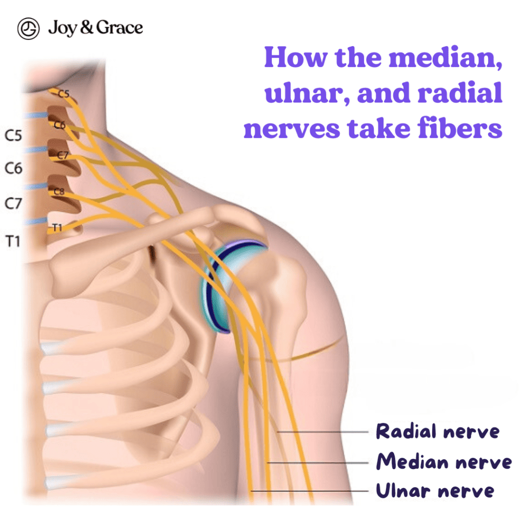 A diagram of a human body highlighting neck pain and numb fingers.