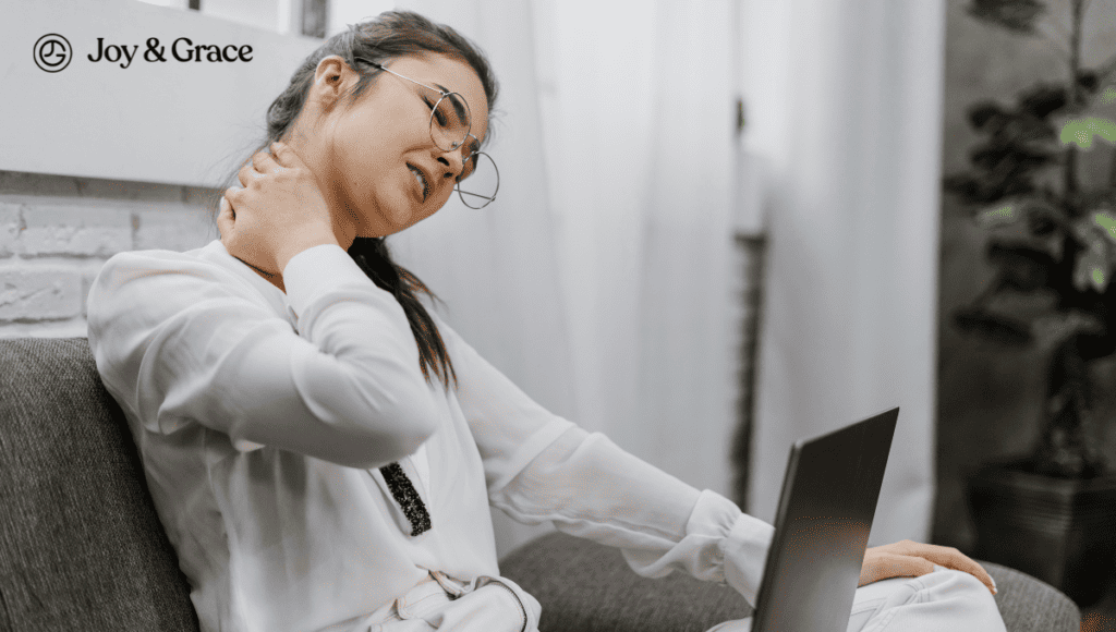 A woman experiencing neck pain due to extensive computer use finds easy solutions to alleviate discomfort.